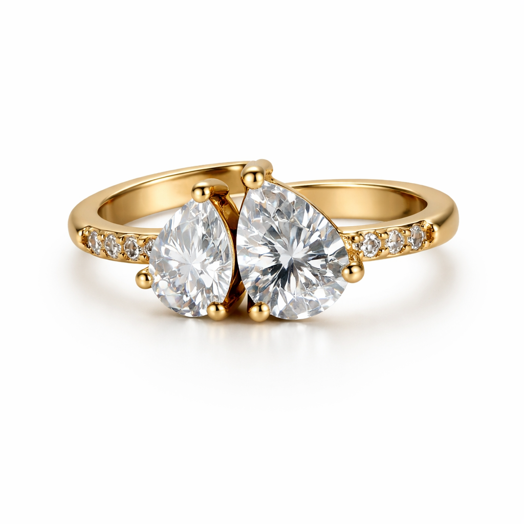 Image of Dual Heart Gemstone Adjustable Ring for Women – Elegant Gold Finish