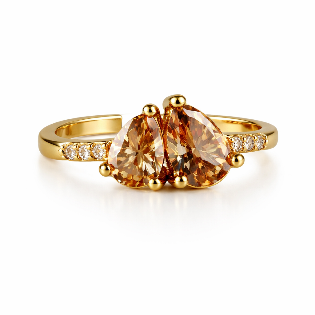 Image of Dual Heart Gemstone Adjustable Ring for Women – Elegant Gold Finish