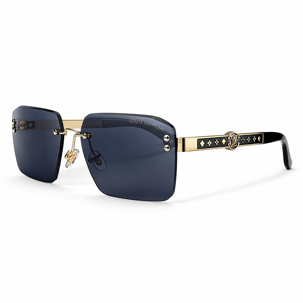 Image of Luxury Inspired Square Rimless Sunglasses for Men – Black & Gold Frame with Dark Lenses