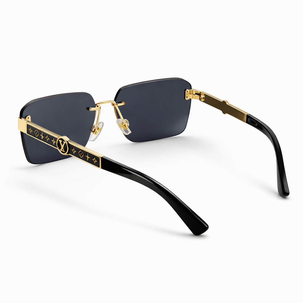 Image of Luxury Inspired Square Rimless Sunglasses for Men – Black & Gold Frame with Dark Lenses