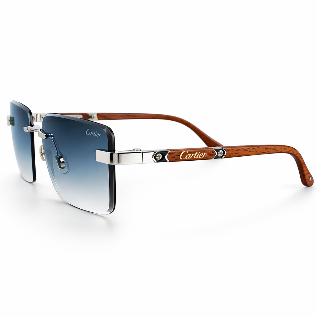 Image of Luxury Inspired Rimless Square Sunglasses for Men – Silver Frame with Blue Gradient Lenses & Wood-Finish Arms
