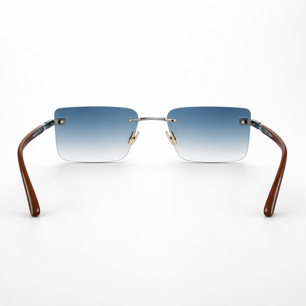 Image of Luxury Inspired Rimless Square Sunglasses for Men – Silver Frame with Blue Gradient Lenses & Wood-Finish Arms
