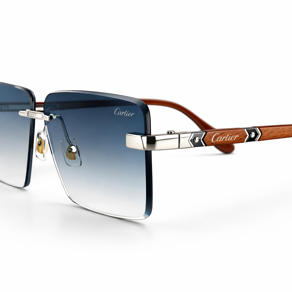 Image of Luxury Inspired Rimless Square Sunglasses for Men – Silver Frame with Blue Gradient Lenses & Wood-Finish Arms