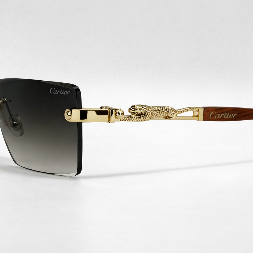 Image of Luxury Inspired Rimless Square Sunglasses for Men – Gold Frame with Black Gradient Lenses & Wood-Finish Arms