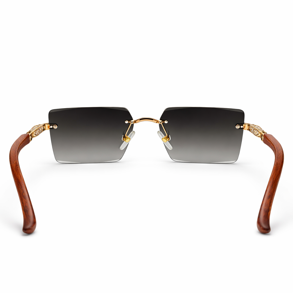 Image of Luxury Inspired Rimless Square Sunglasses for Men – Gold Frame with Black Gradient Lenses & Wood-Finish Arms