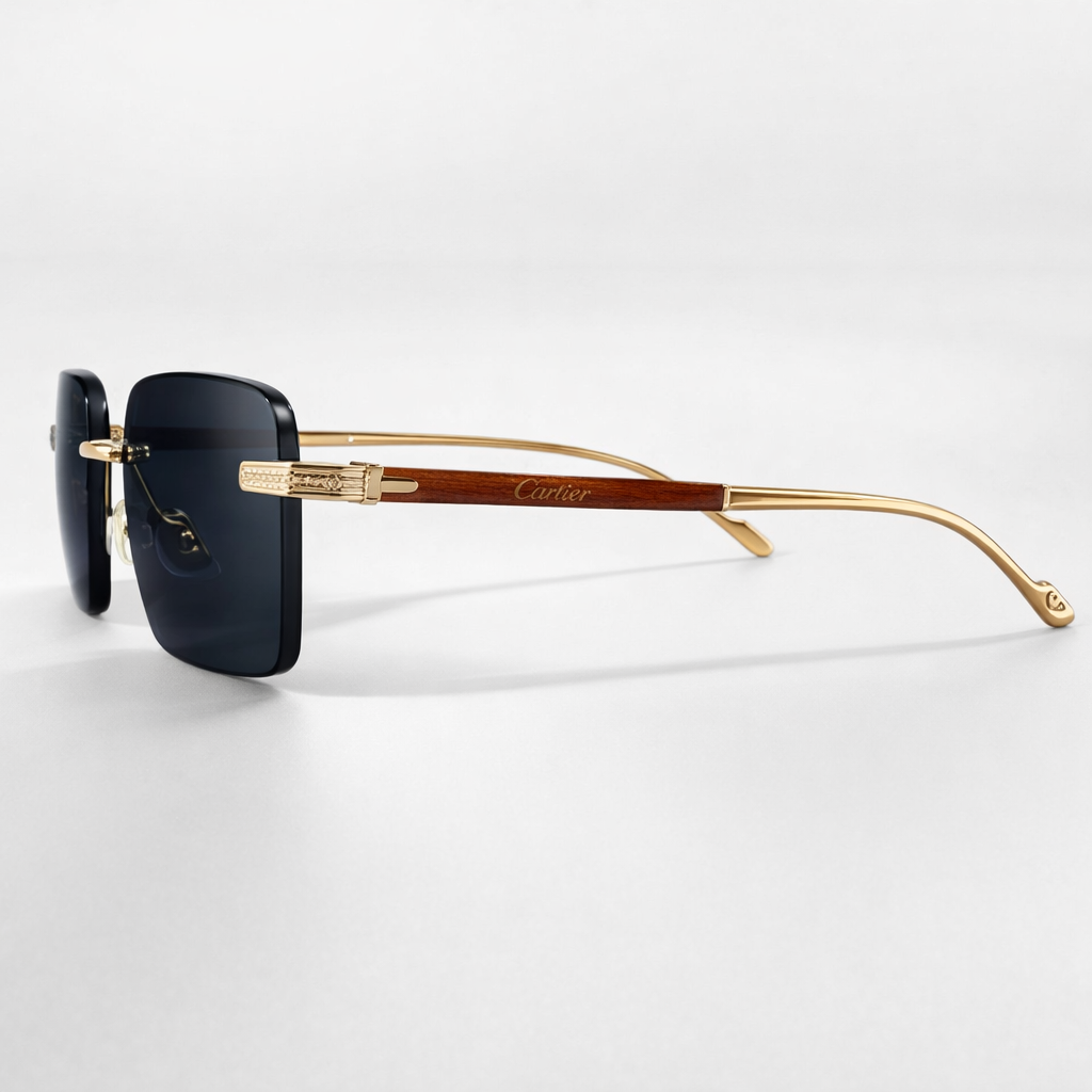 Image of Luxury Inspired Rimless Square Sunglasses for Men – Gold Frame with Black Lenses & Wood-Finish Arms