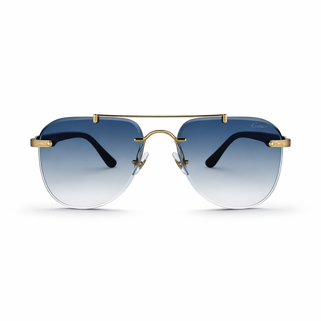 Image of Luxury Inspired Rimless Square Sunglasses for Men – Black & Gold Frame with Blue Gradient Lenses