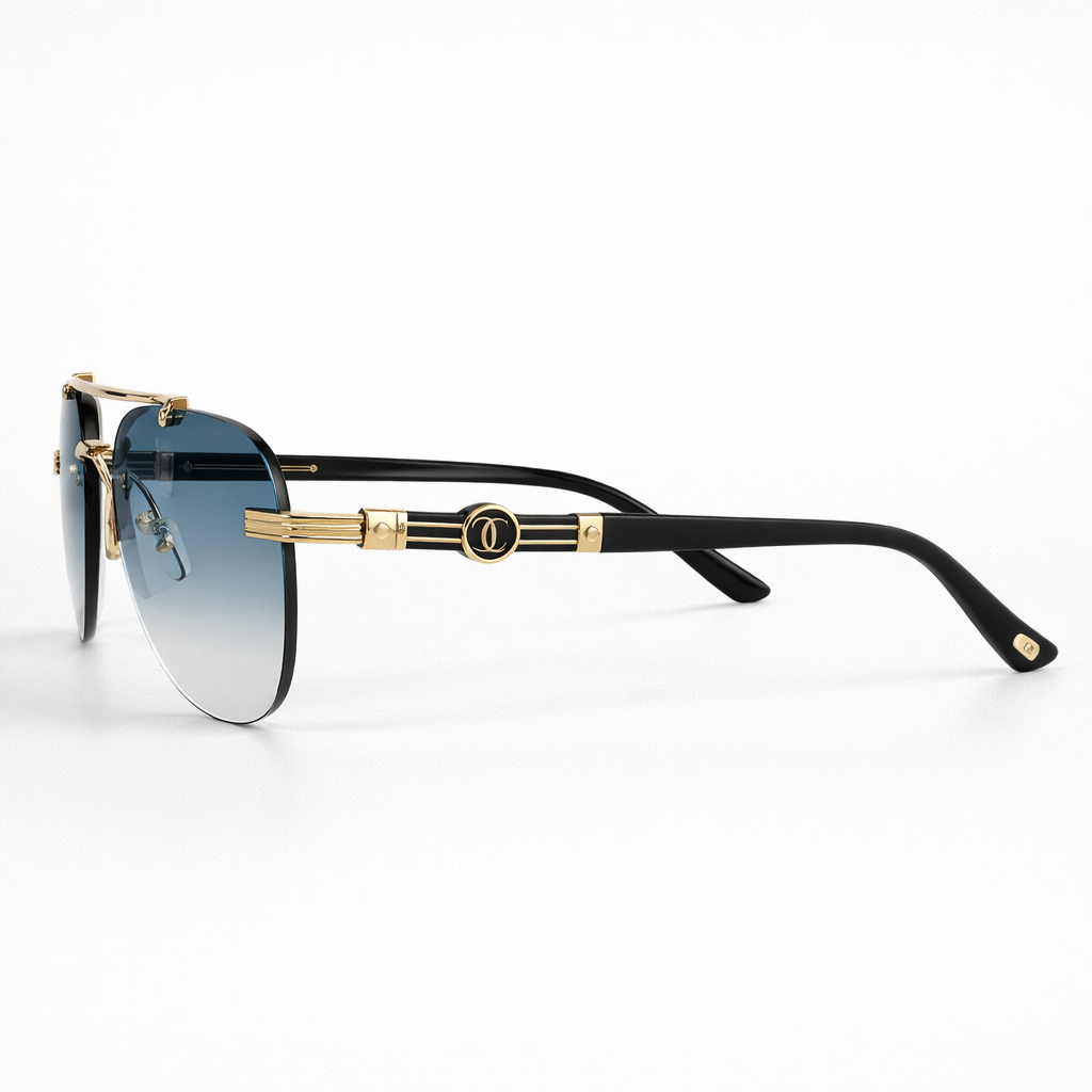 Image of Luxury Inspired Rimless Square Sunglasses for Men – Black & Gold Frame with Blue Gradient Lenses