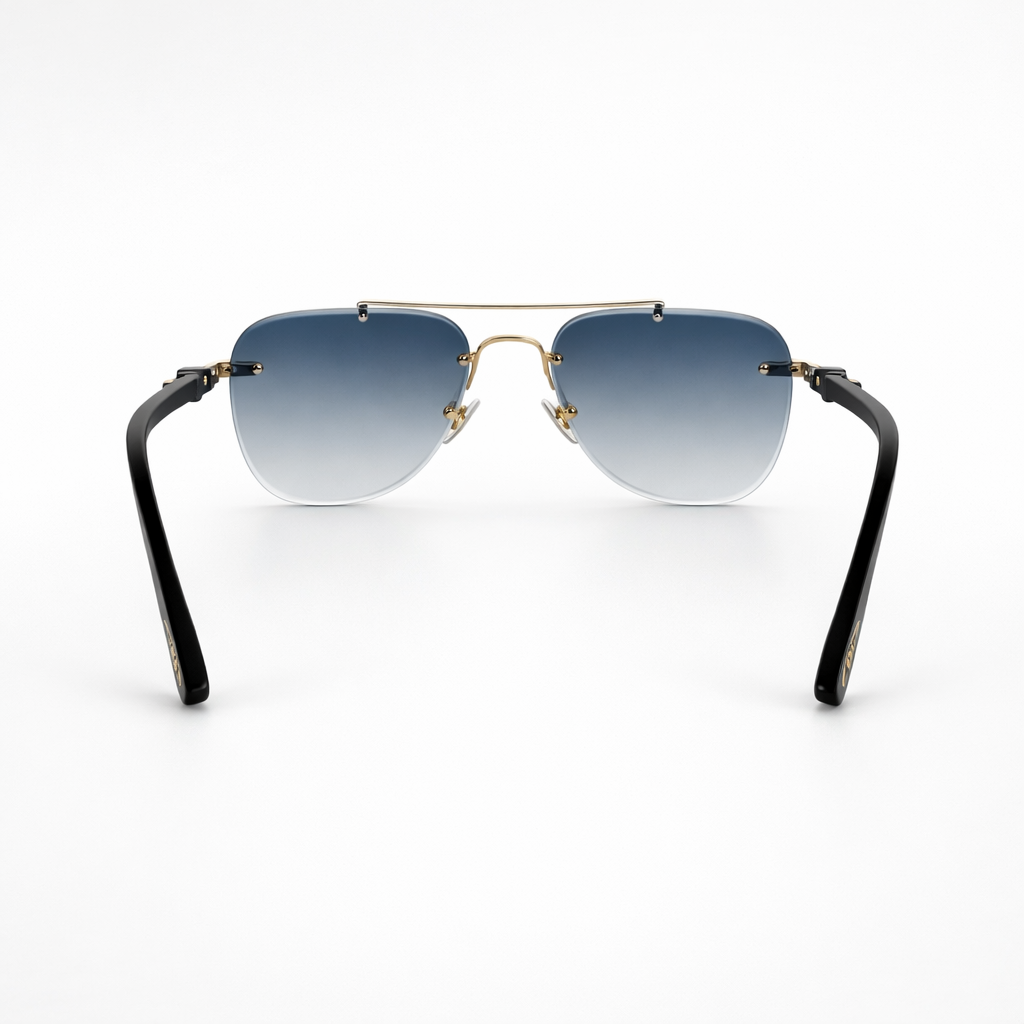Image of Luxury Inspired Rimless Square Sunglasses for Men – Black & Gold Frame with Blue Gradient Lenses