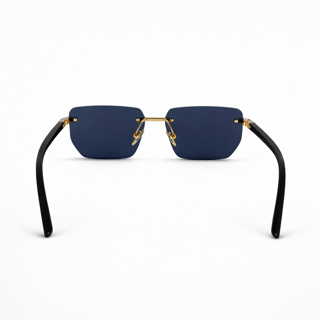 Image of Luxury Inspired Rimless Square Sunglasses for Men – Black & Gold Frame with Dark Blue Lenses