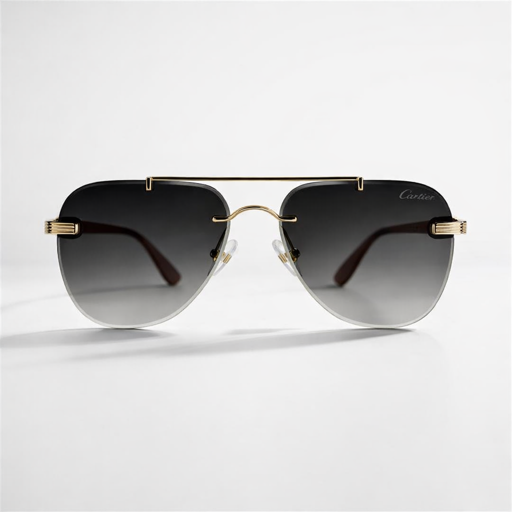 Image of Luxury Inspired Rimless Aviator Sunglasses for Men – Gold Frame with Grey Gradient Lenses & Brown Arms