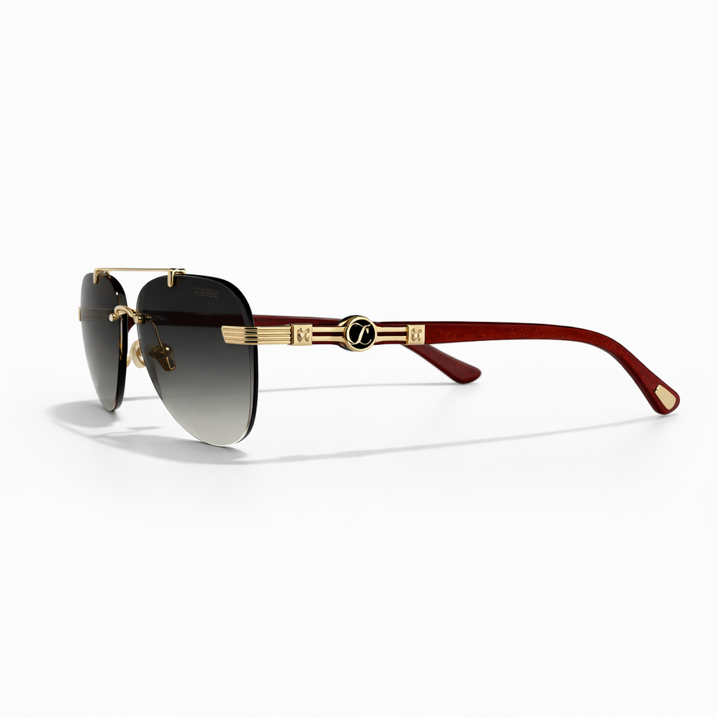 Image of Luxury Inspired Rimless Aviator Sunglasses for Men – Gold Frame with Grey Gradient Lenses & Brown Arms