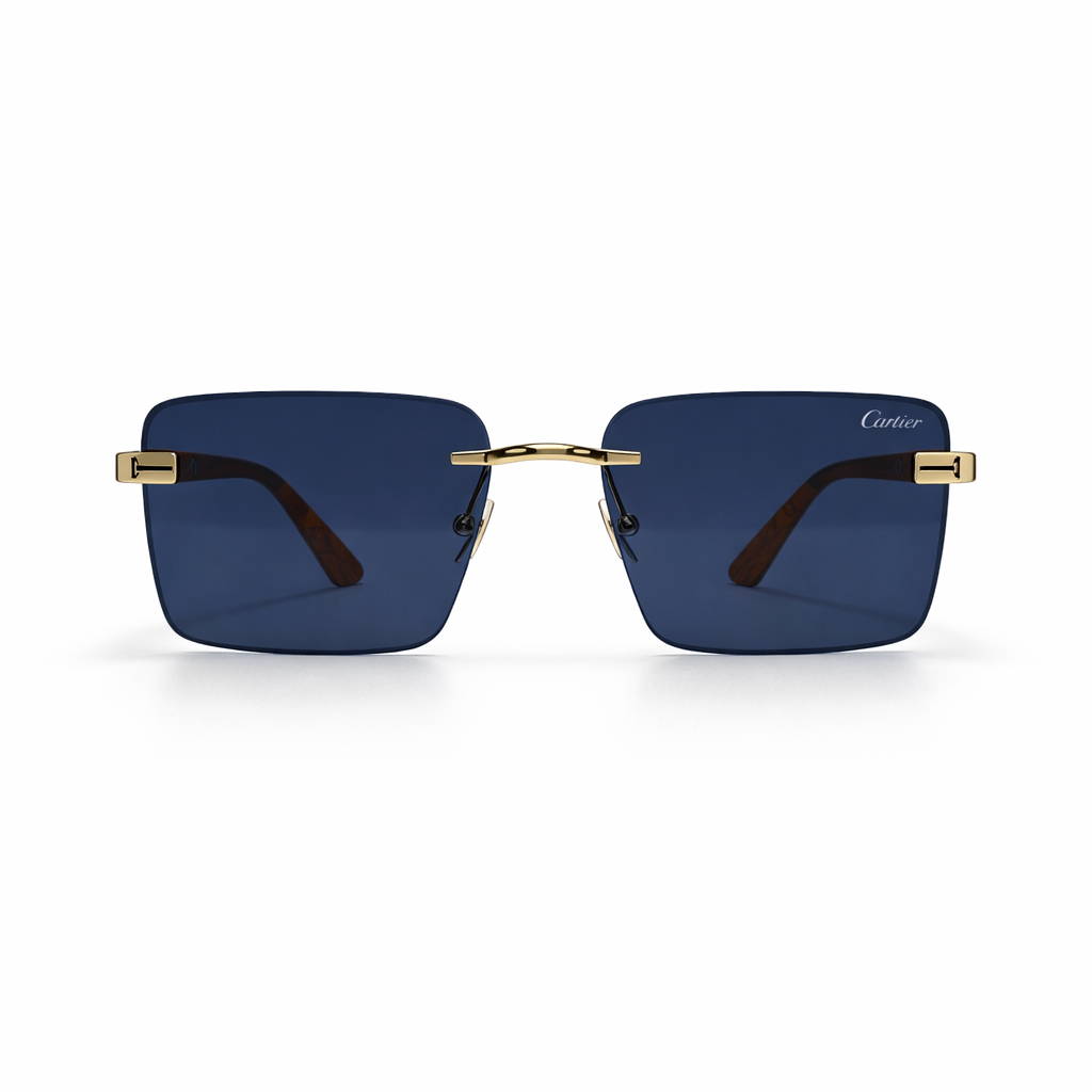 Image of Luxury Inspired Rimless Square Sunglasses for Men – Blue Lenses with Gold Frame & Wood-Finish Arms