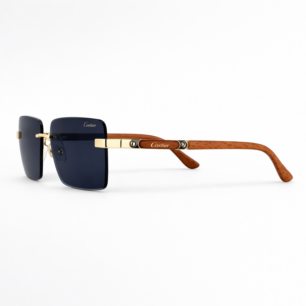 Image of Luxury Inspired Rimless Square Sunglasses for Men – Blue Lenses with Gold Frame & Wood-Finish Arms