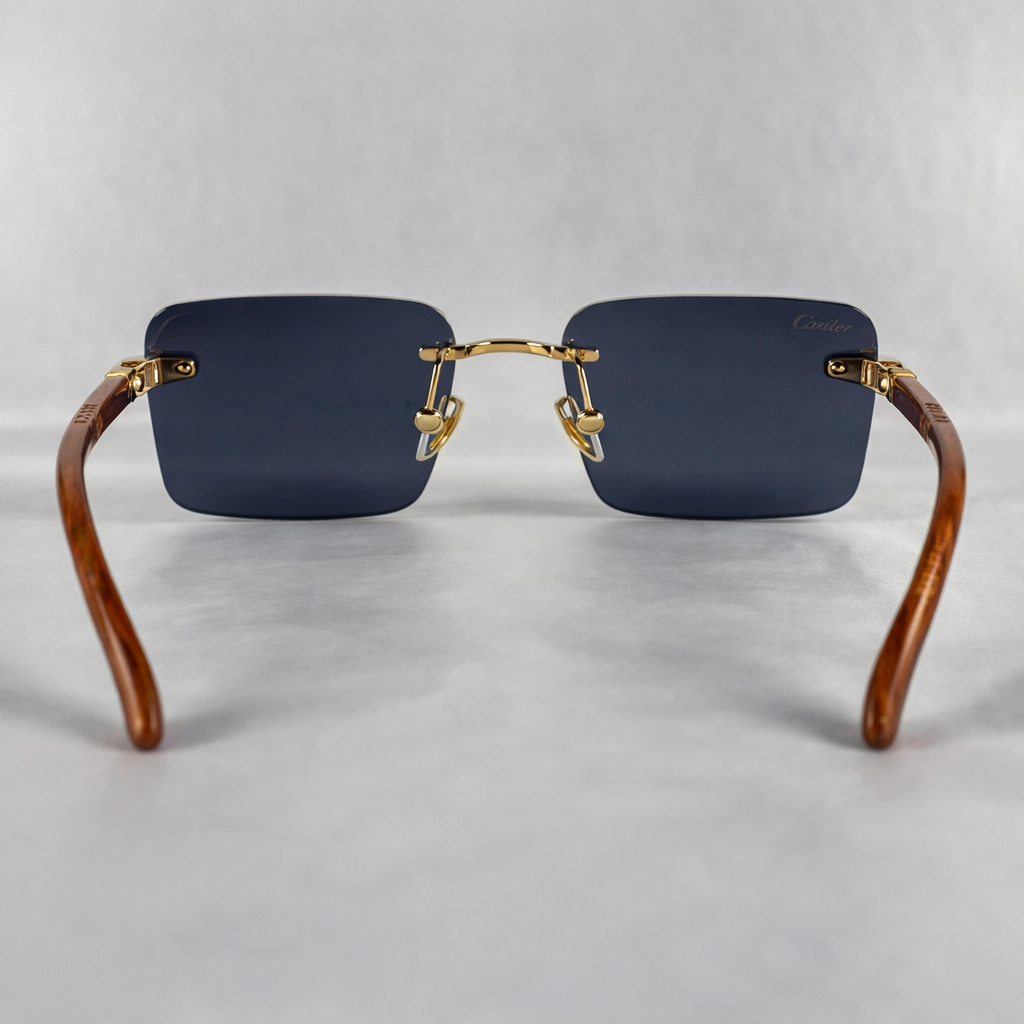 Image of Luxury Inspired Rimless Square Sunglasses for Men – Blue Lenses with Gold Frame & Wood-Finish Arms