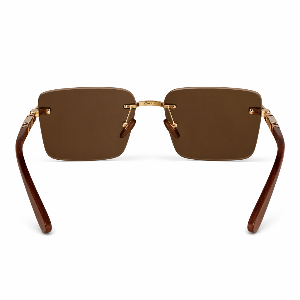 Image of Luxury Inspired Rimless Square Sunglasses for Men – Brown Lenses with Gold Frame & Wood-Finish Arms