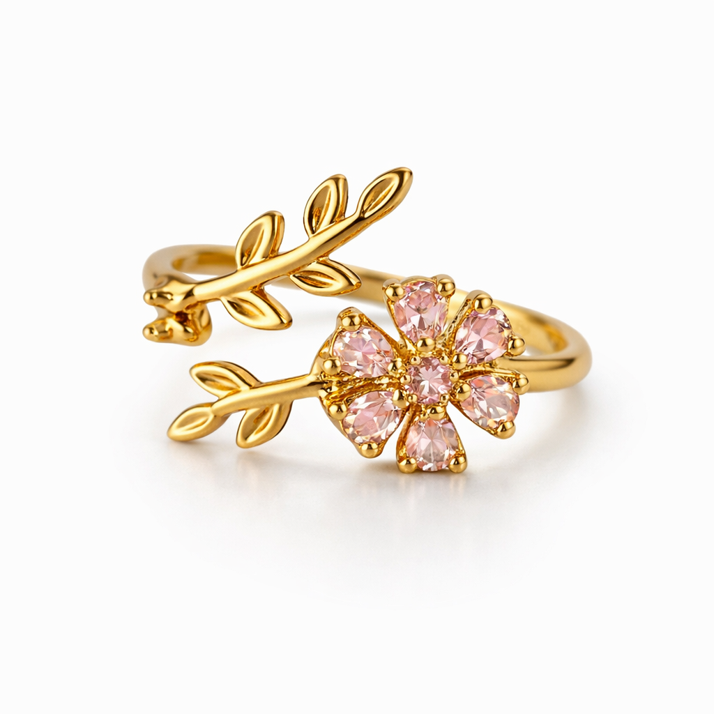 Image of Elegant Gold Floral Adjustable Ring with Halo Crystal Design
