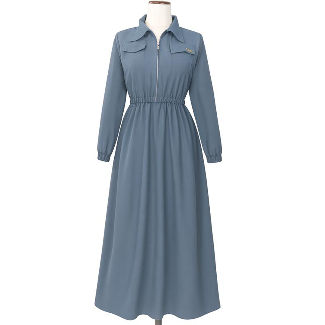Image of Front-Zip Long Maxi Dress with Elastic Waist