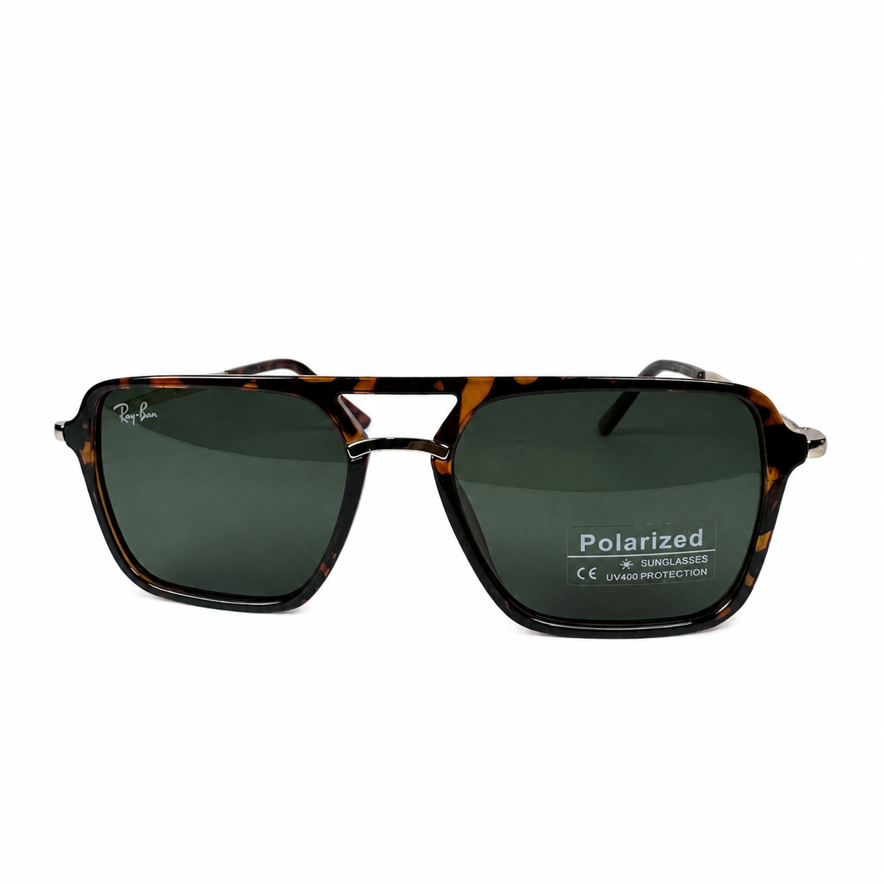 Image of Ray-Ban Style Tortoise Square Navigator Sunglasses | Polarized Green Lenses & Gold Double Bridge | UV400 Protection