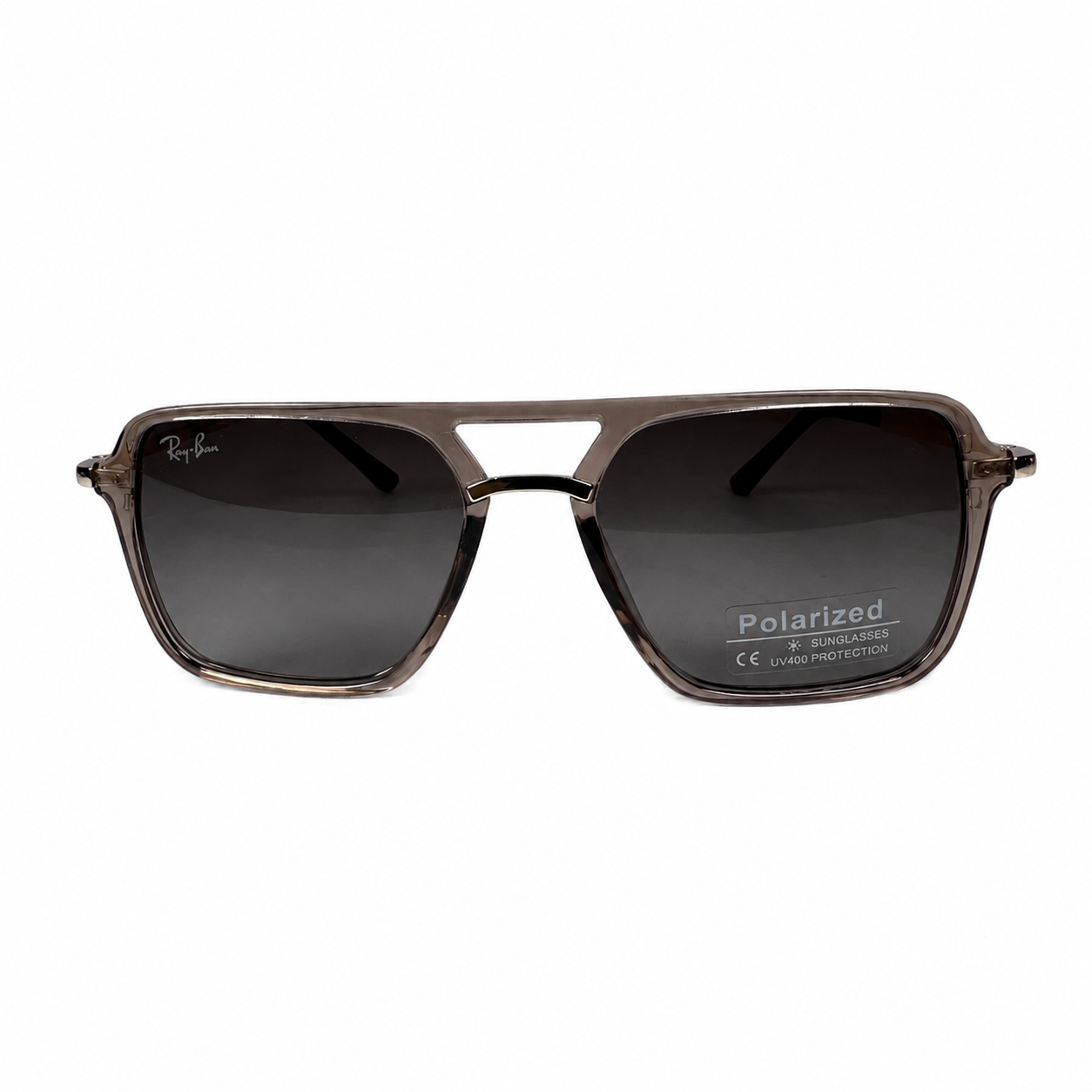 Image of Ray-Ban Style Translucent Brown Square Navigator Sunglasses | Polarized Gray Lenses & Gold Double Bridge | UV400 Protection