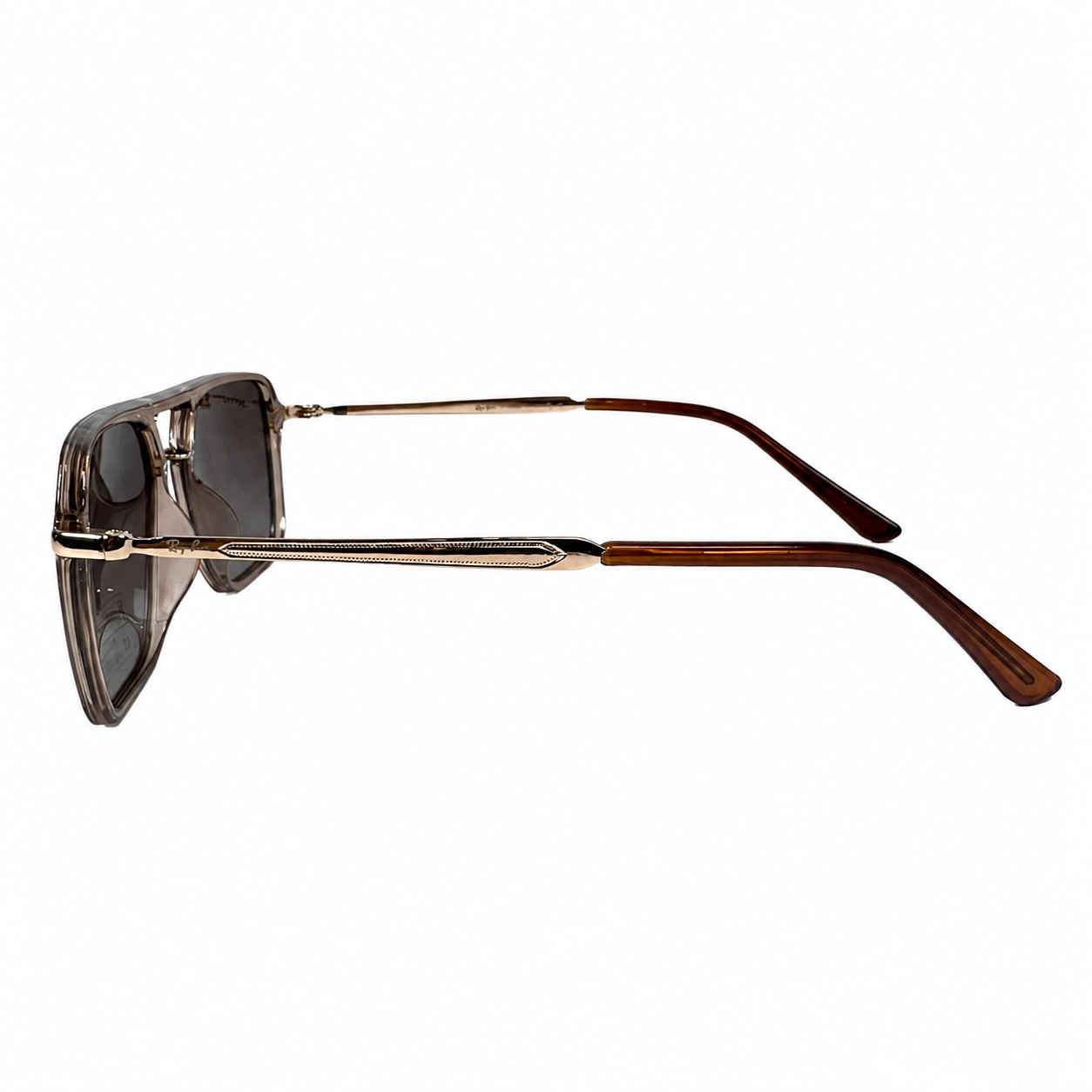 Image of Ray-Ban Style Translucent Brown Square Navigator Sunglasses | Polarized Gray Lenses & Gold Double Bridge | UV400 Protection