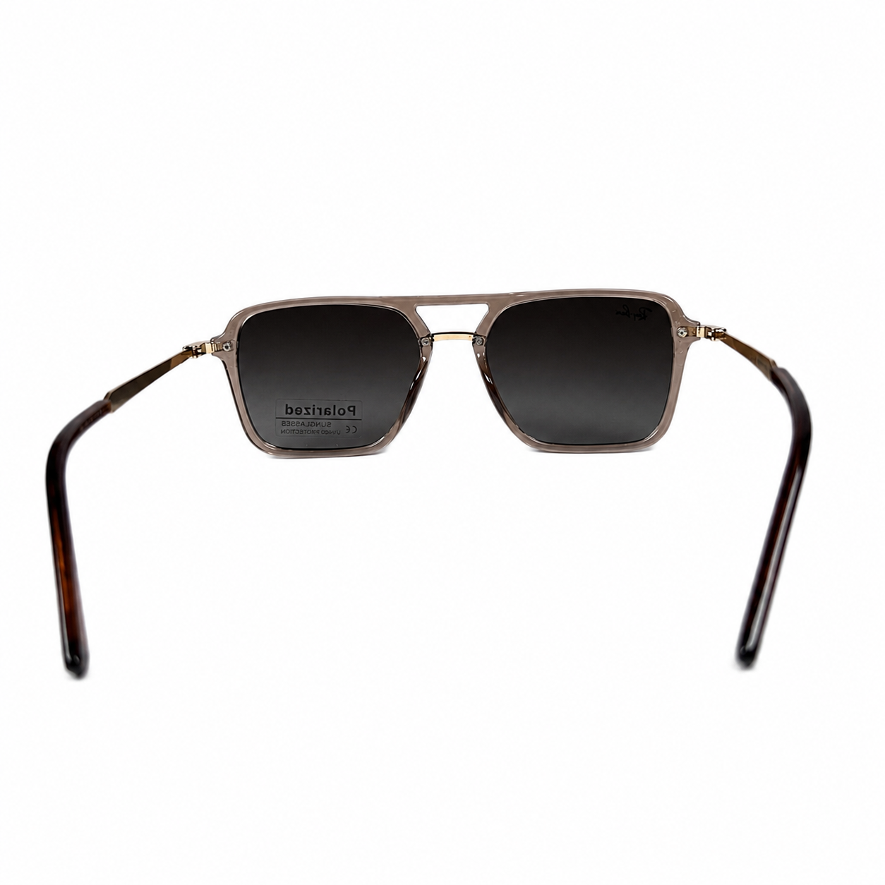 Image of Ray-Ban Style Translucent Brown Square Navigator Sunglasses | Polarized Gray Lenses & Gold Double Bridge | UV400 Protection