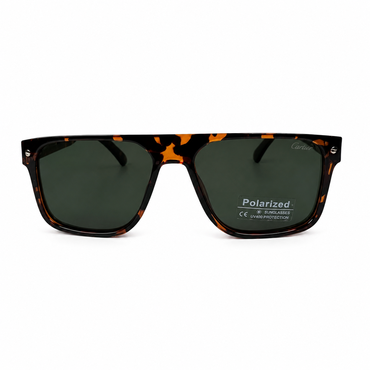 Image of Cartier-Style Tortoise Square Aviator Sunglasses | Polarized Green Lenses & Gold Temple Detail | UV400 Protection