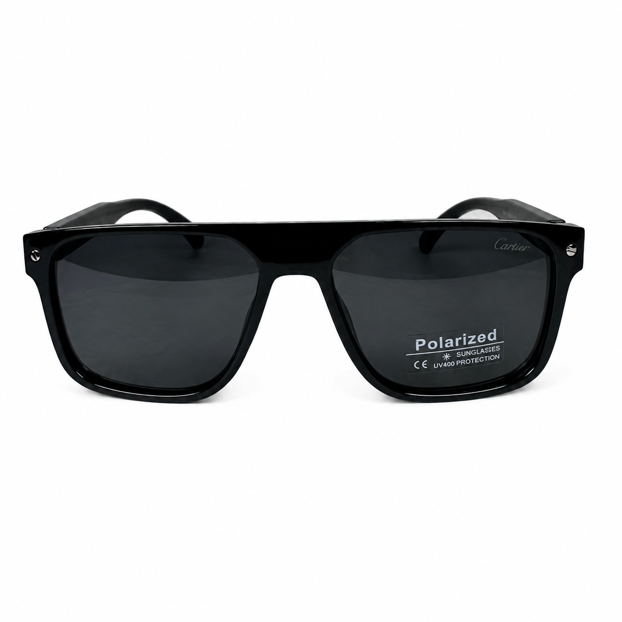 Image of Cartier-style tortoise square aviator sunglasses with polarized green lenses, gold temple detail, and UV400 protection. Bold luxury look, all-day comfort.