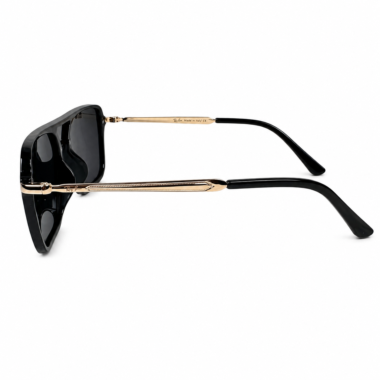 Image of Ray-Ban Style Black & Gold Square Navigator Sunglasses | Polarized Gray Lenses & Metal Bridge | UV400 Protection