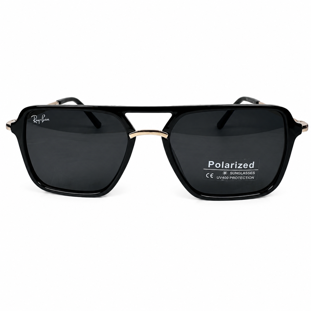 Image of Ray-Ban Style Black & Gold Square Navigator Sunglasses | Polarized Gray Lenses & Metal Bridge | UV400 Protection