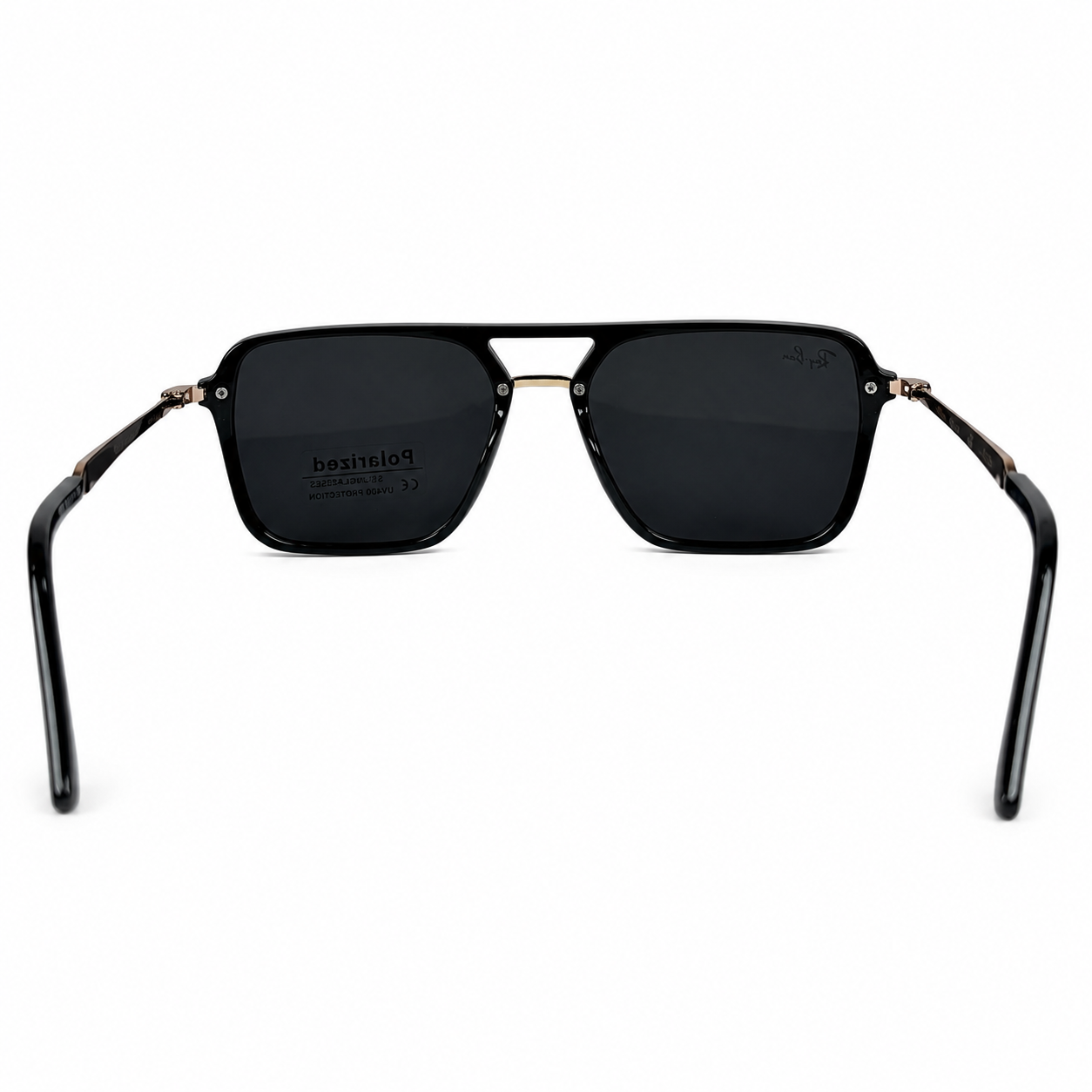 Image of Ray-Ban Style Black & Gold Square Navigator Sunglasses | Polarized Gray Lenses & Metal Bridge | UV400 Protection