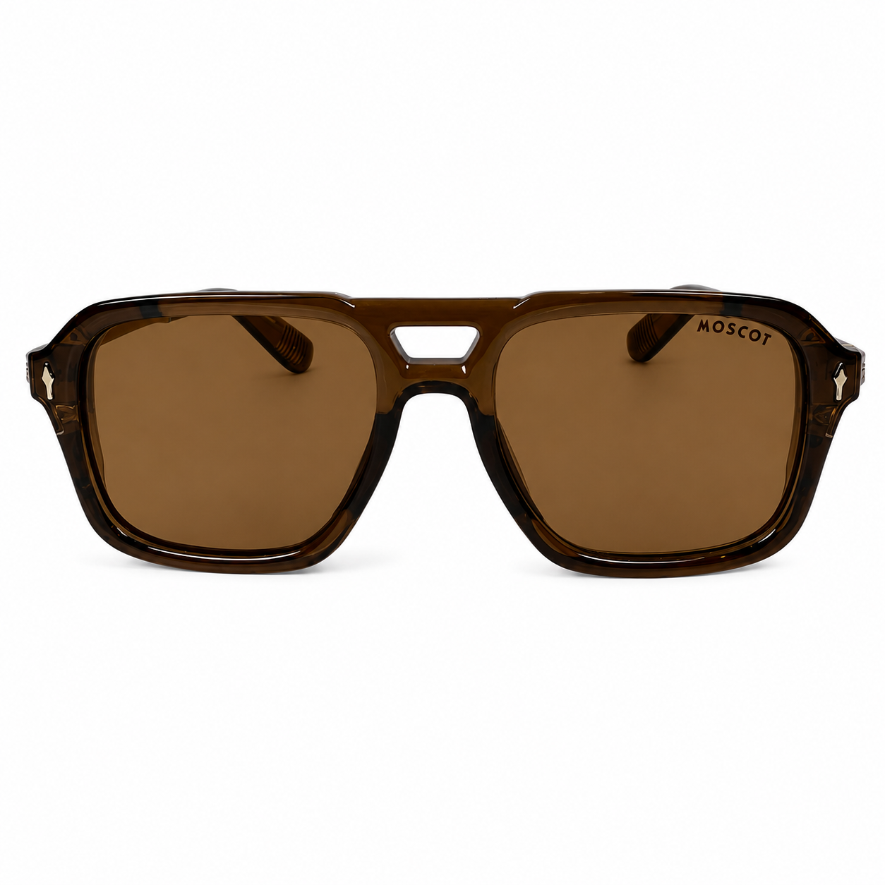 Image of Moscot-Style Translucent Brown Square Navigator Sunglasses | Brown Lenses & Gold Temple Detail | Men’s Luxury Heritage Shades
