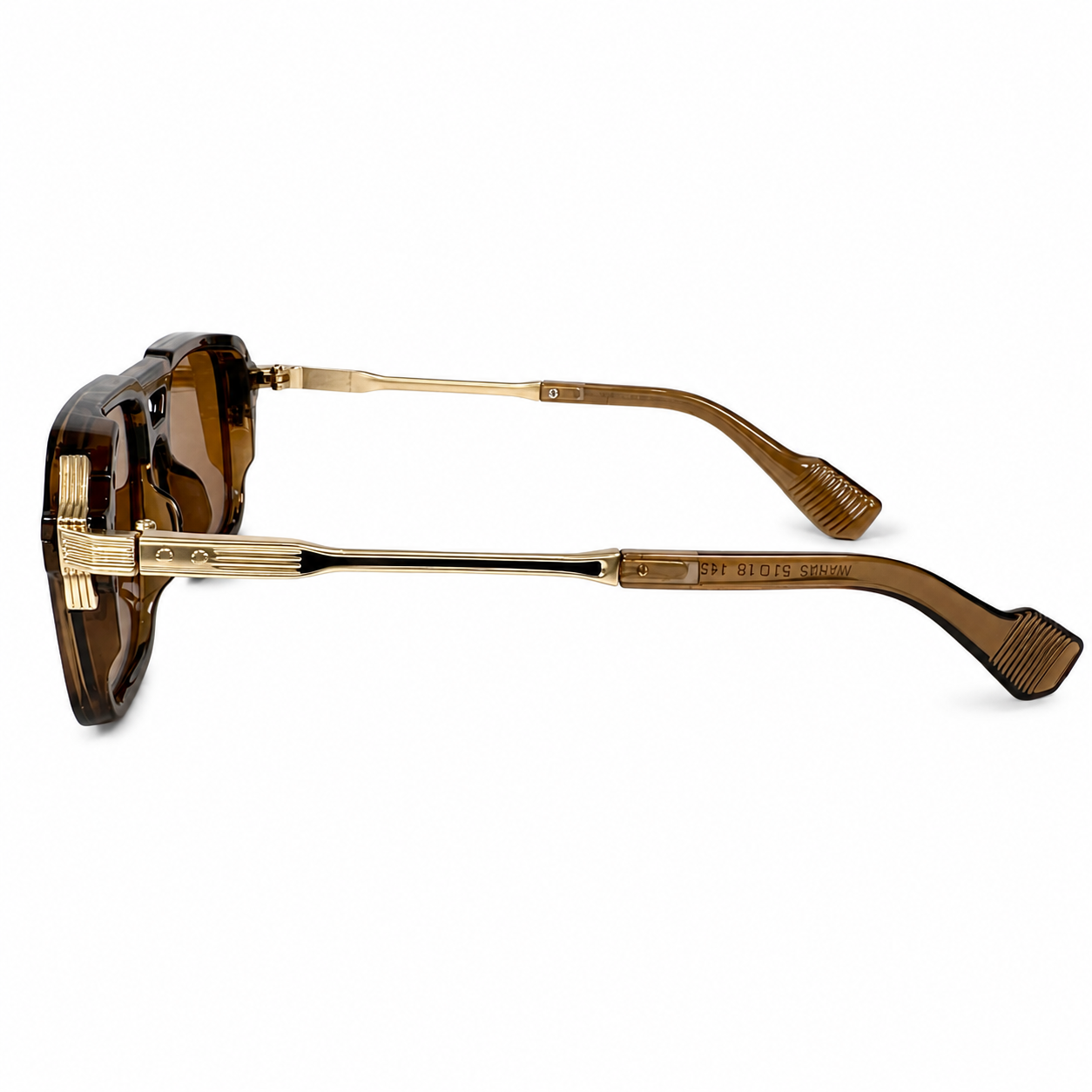 Image of Moscot-Style Translucent Brown Square Navigator Sunglasses | Brown Lenses & Gold Temple Detail | Men’s Luxury Heritage Shades