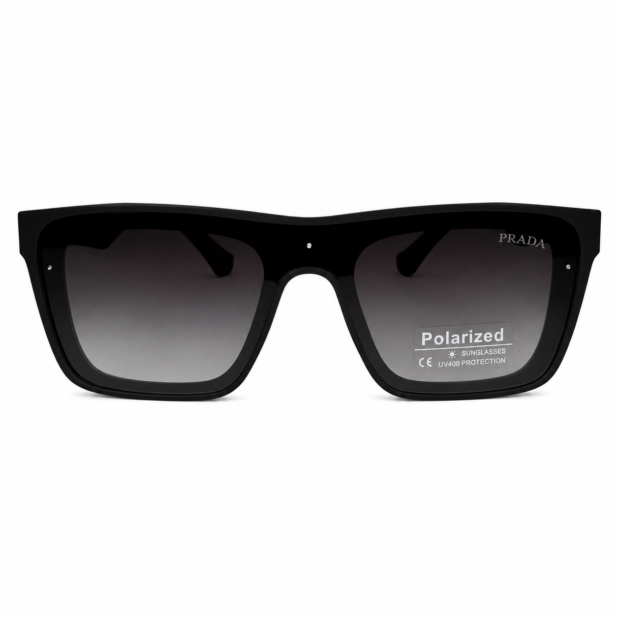 Image of Prada-Style Black Square Shield Sunglasses | Polarized Gradient Gray Lenses & Rose Gold Temple | UV400 Protection