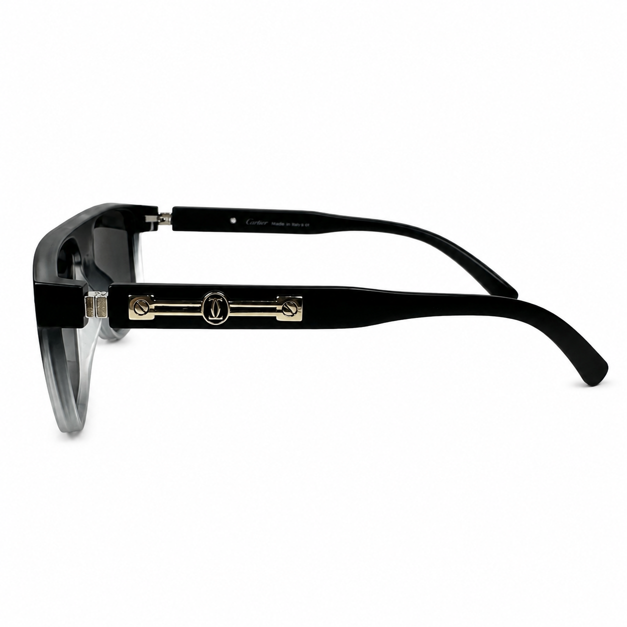 Image of Cartier-Style Black Gradient Square Sunglasses | Polarized Gray Lenses & Gold Temple Detail | UV400 Protection