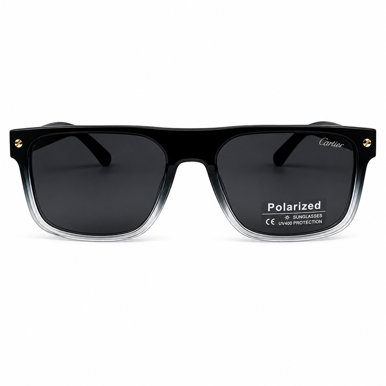 Image of Cartier-Style Black Gradient Square Sunglasses | Polarized Gray Lenses & Gold Temple Detail | UV400 Protection