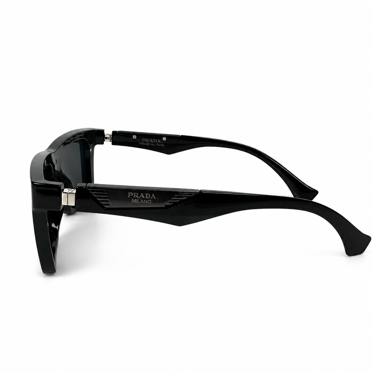 Image of Prada-Style Black Square Shield Sunglasses | Polarized Gray Lenses & Metal Temple Detail | UV400 Protection