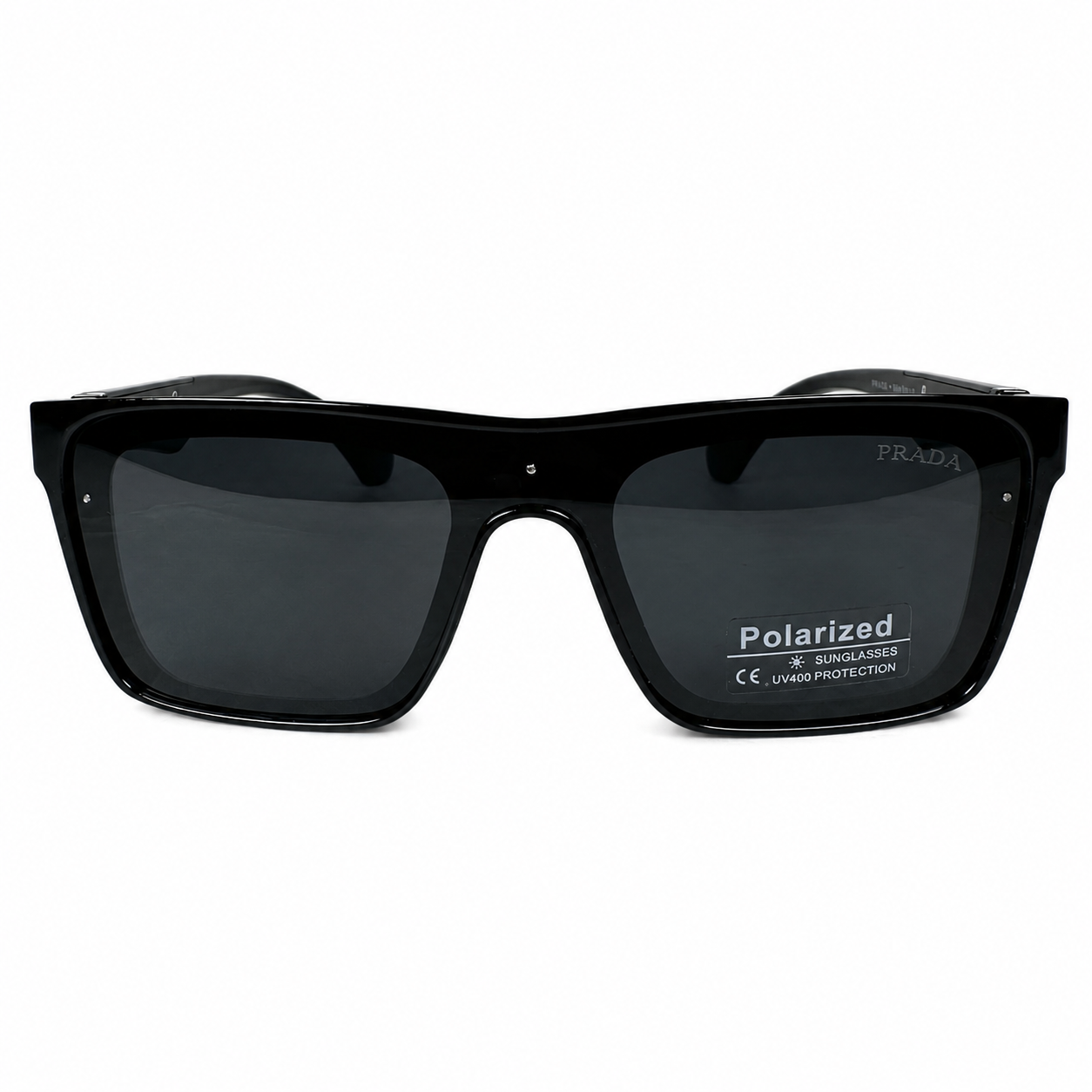 Image of Prada-Style Black Square Shield Sunglasses | Polarized Gray Lenses & Metal Temple Detail | UV400 Protection