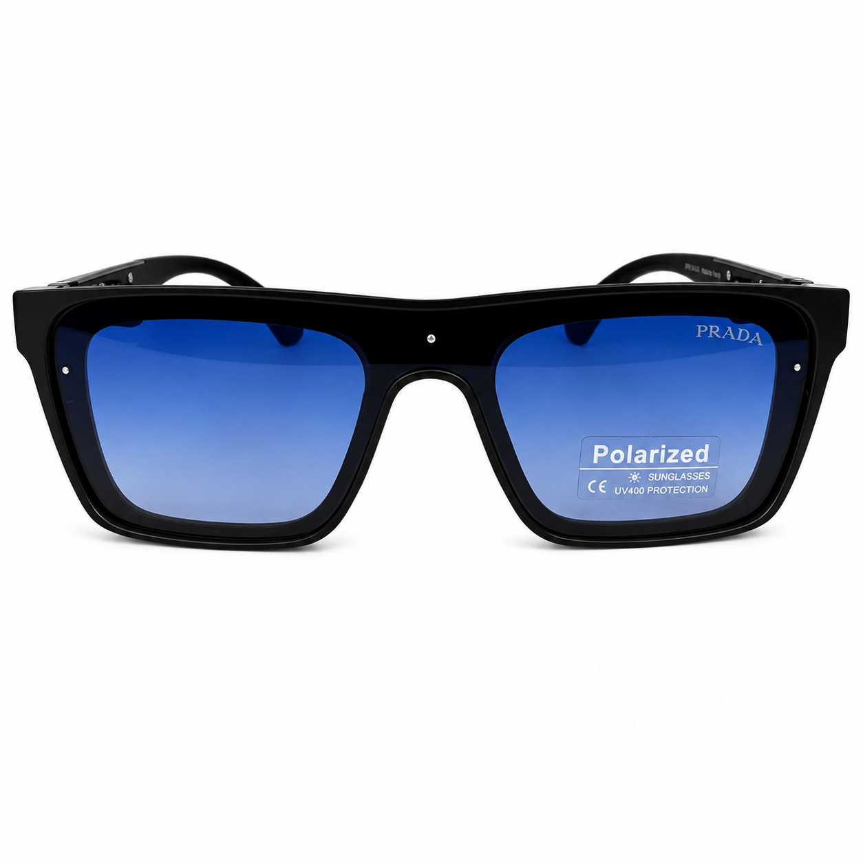 Image of Prada-Style Matte Black Square Shield Sunglasses | Polarized Blue Gradient Lenses & Metal Temple | UV400 Protection