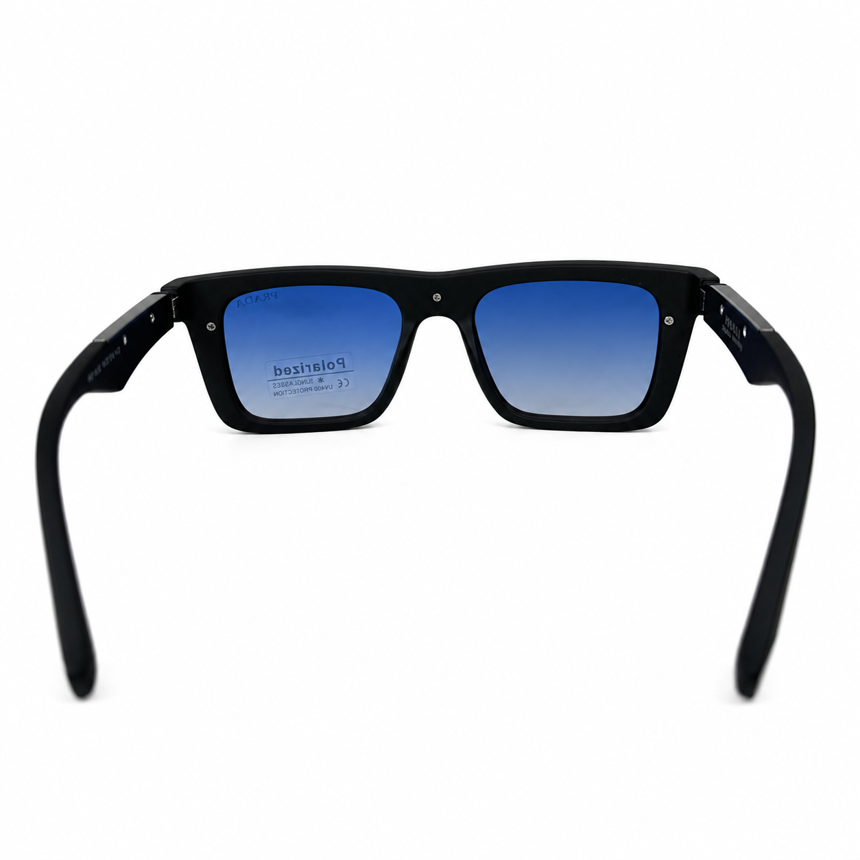 Image of Prada-Style Matte Black Square Shield Sunglasses | Polarized Blue Gradient Lenses & Metal Temple | UV400 Protection