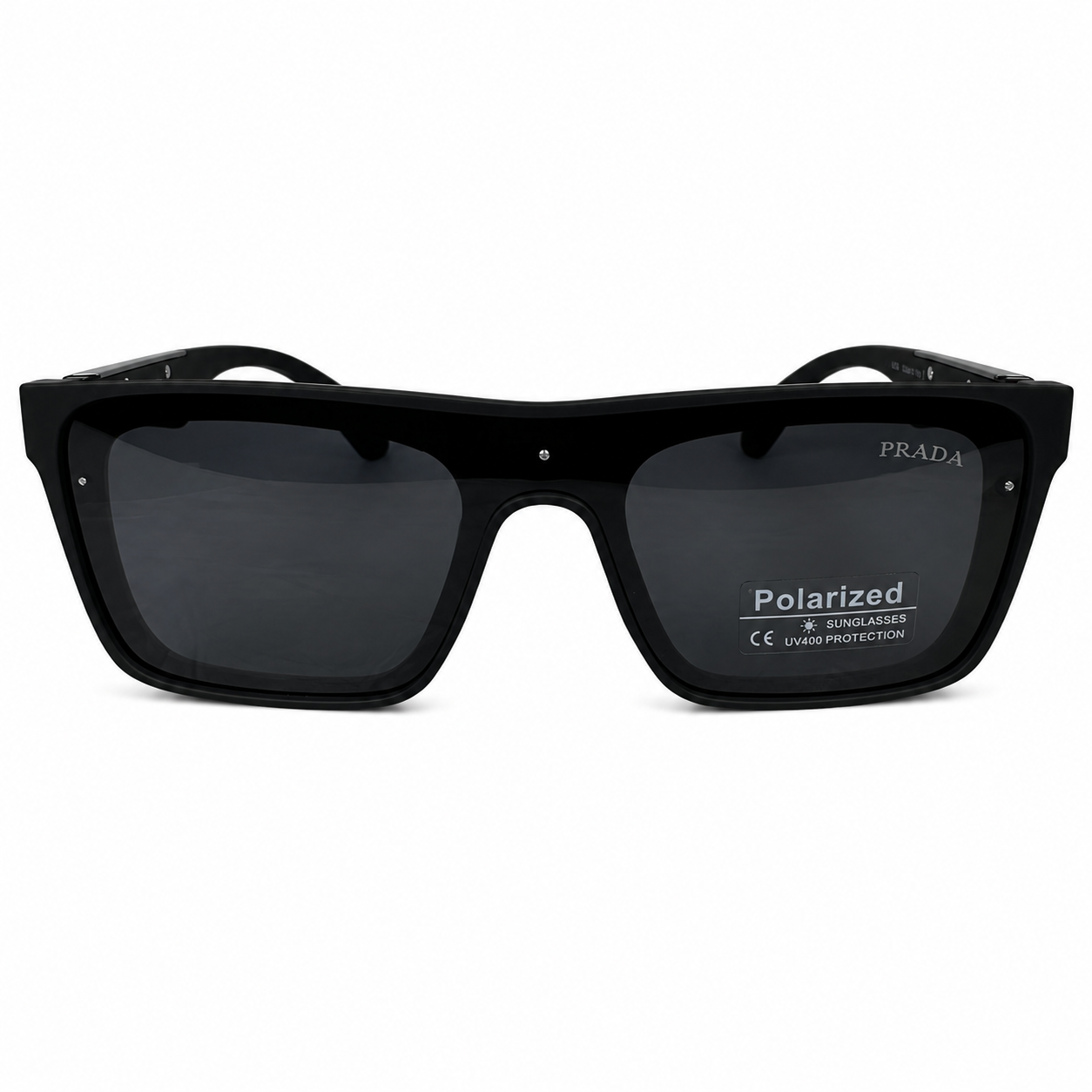 Image of Prada-Style Matte Black Square Shield Sunglasses | Polarized Gray Lenses & Metal Temple Detail | UV400 Protection