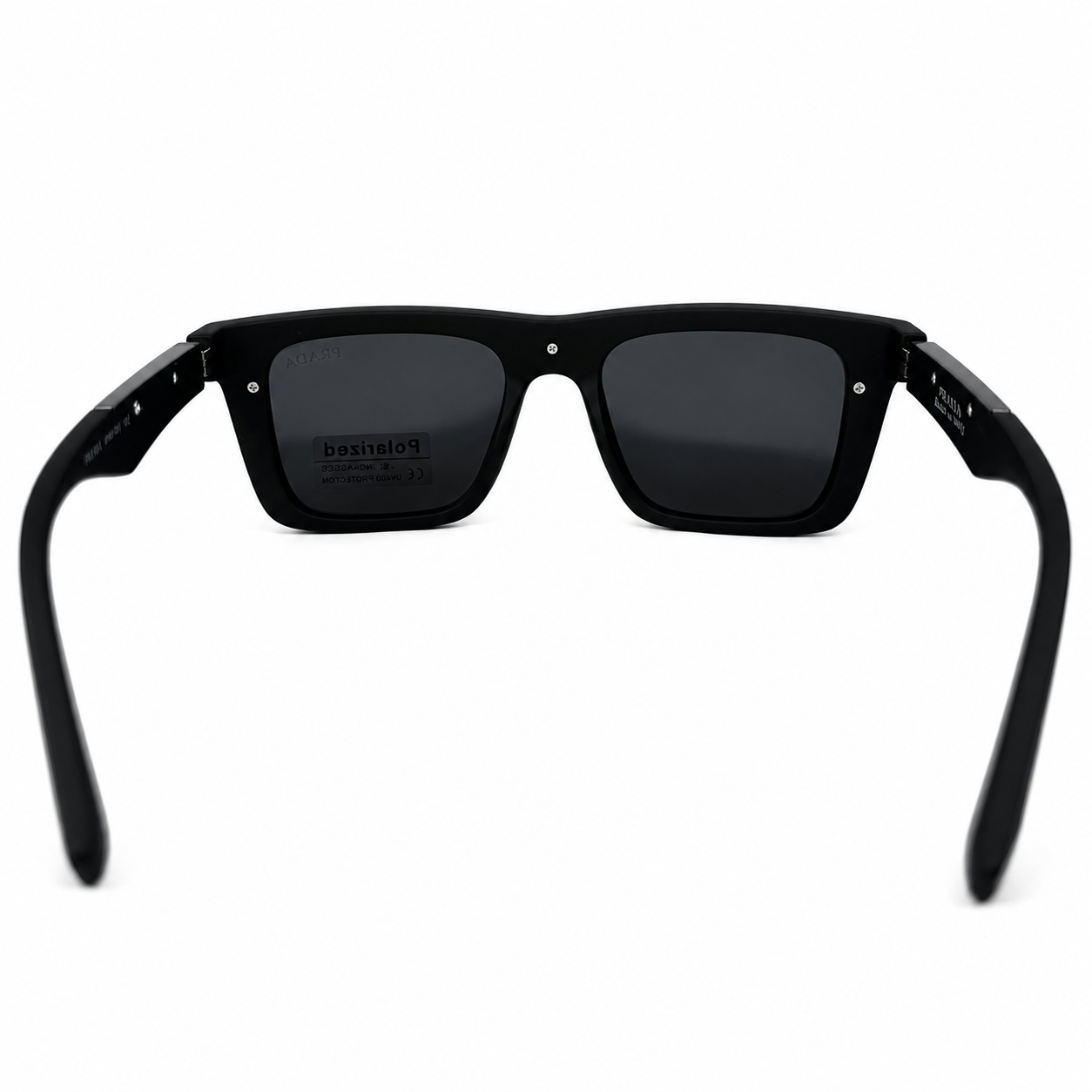 Image of Prada-Style Matte Black Square Shield Sunglasses | Polarized Gray Lenses & Metal Temple Detail | UV400 Protection