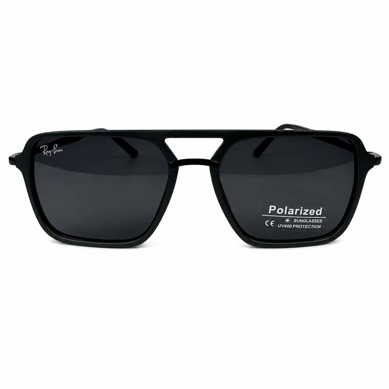 Image of Ray-Ban Style Matte Black Square Navigator Sunglasses | Double Bridge Polarized Lenses & Slim Metal Temples | UV400 Protection