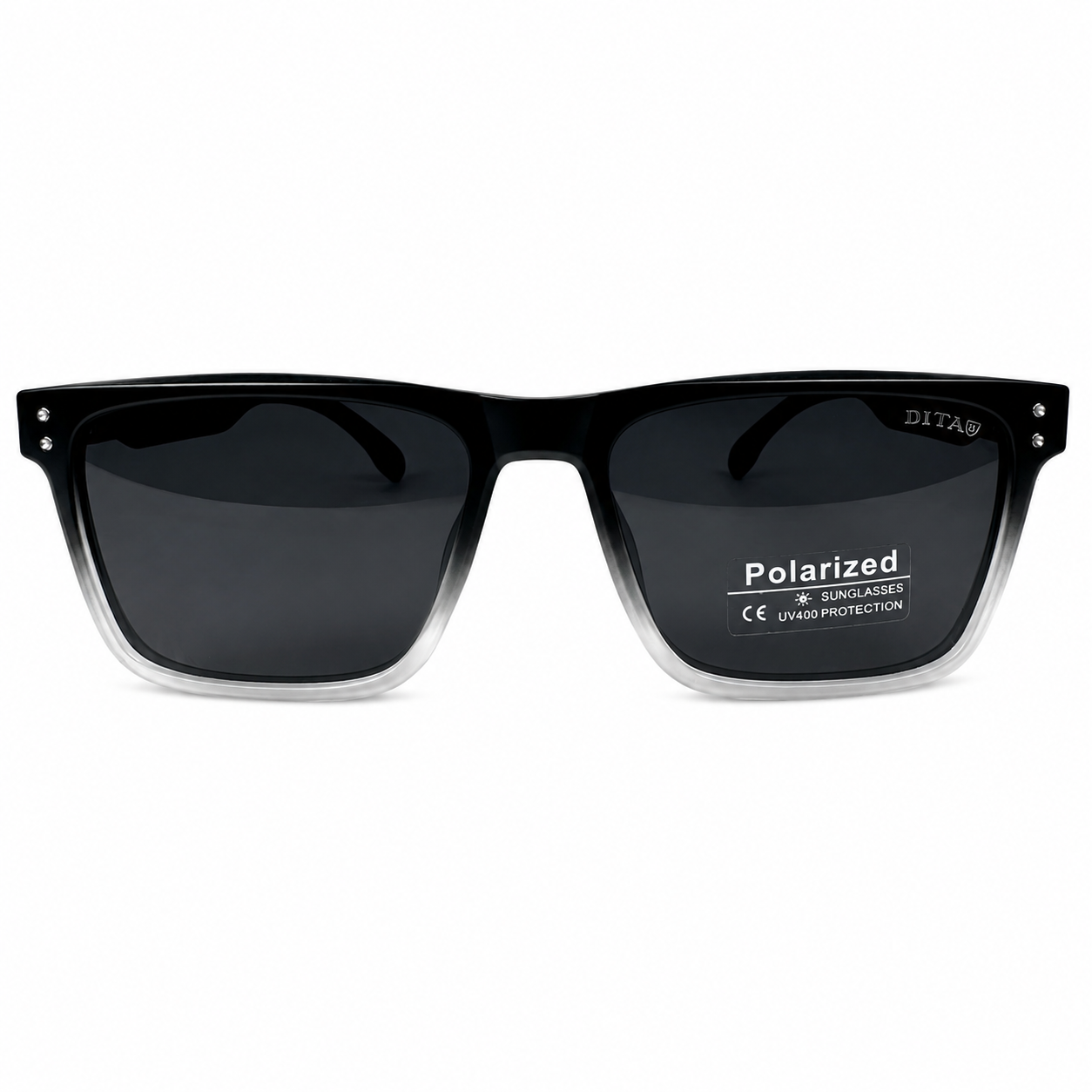 Image of DITA-Style Black Gradient Square Sunglasses | Polarized Gray Lenses & Silver Rivet Detail | UV400 Protection