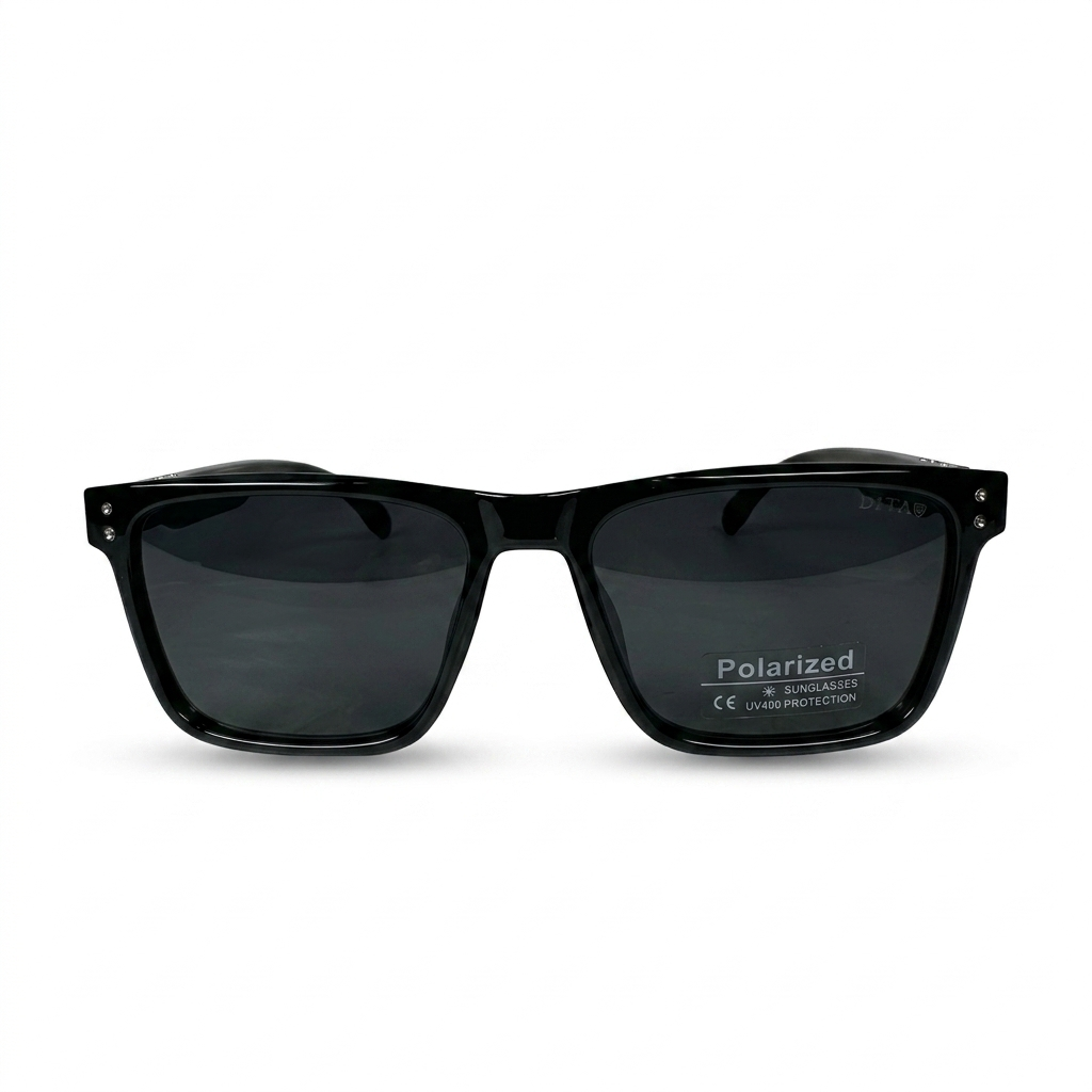 Image of DITA-Style Glossy Black Square Sunglasses | Polarized Gray Lenses & Double Rivet Detail | UV400 Protection