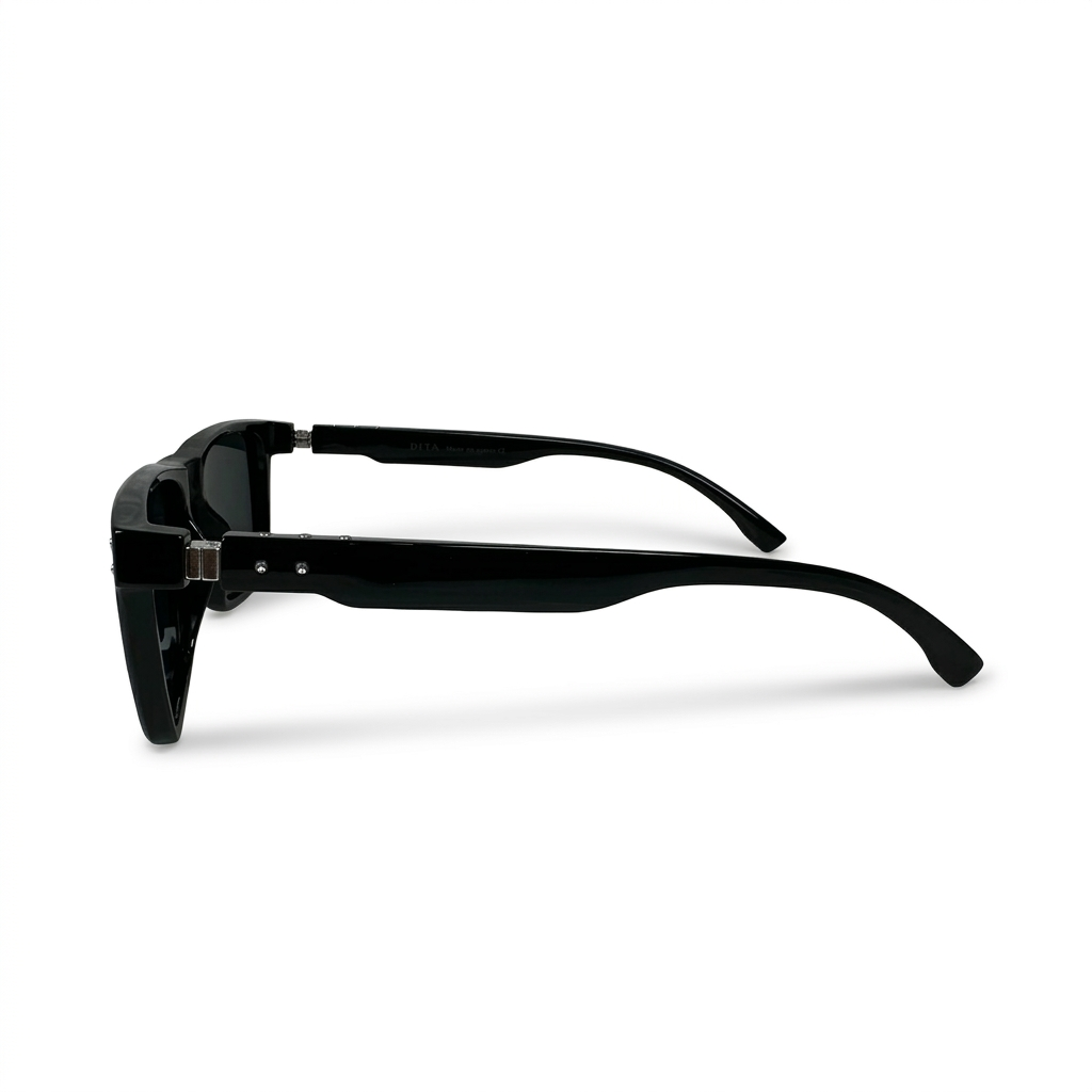 Image of DITA-Style Glossy Black Square Sunglasses | Polarized Gray Lenses & Double Rivet Detail | UV400 Protection