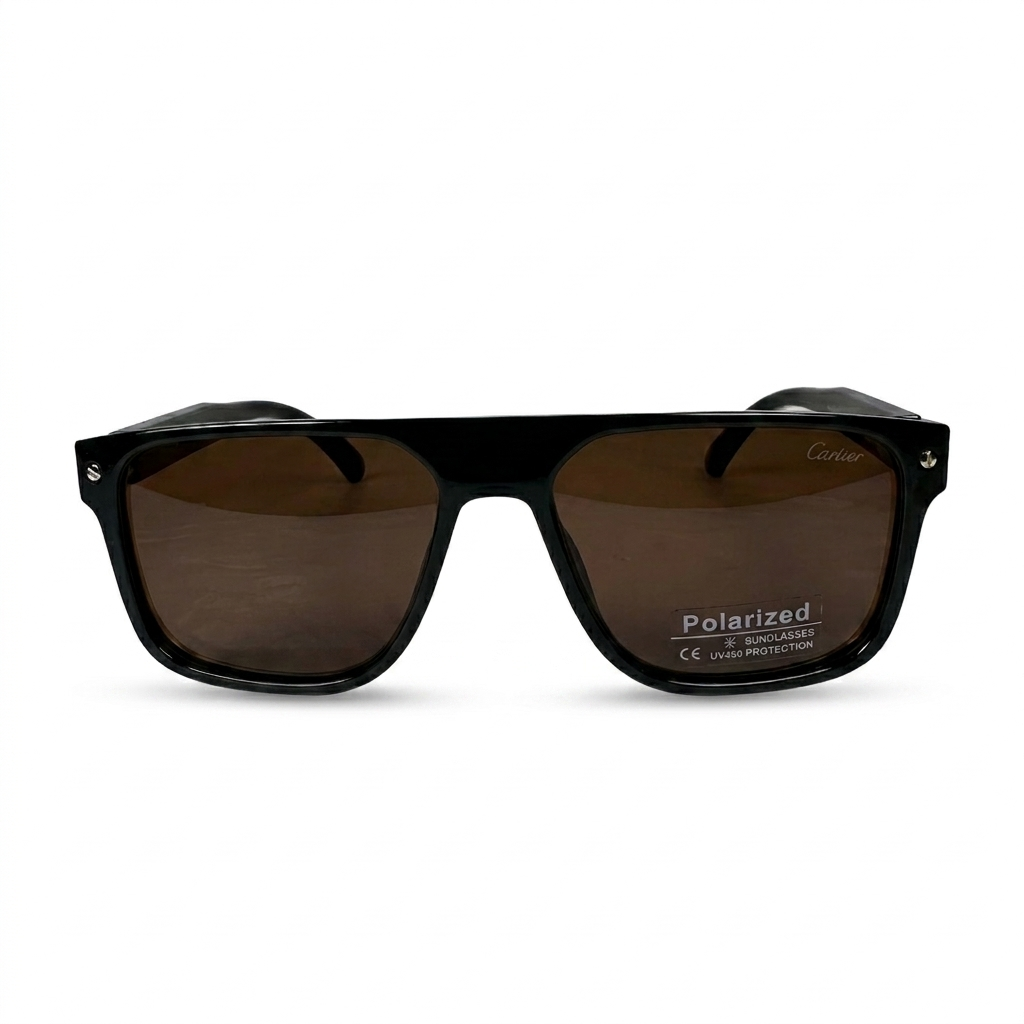 Image of Cartier-Style Glossy Black Flat-Top Square Sunglasses | Polarized Brown Lenses & Gold Temple Detail | UV400 Protection