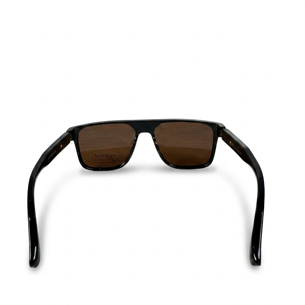 Image of Cartier-Style Glossy Black Flat-Top Square Sunglasses | Polarized Brown Lenses & Gold Temple Detail | UV400 Protection