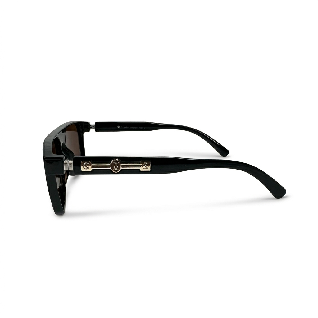 Image of Cartier-Style Glossy Black Flat-Top Square Sunglasses | Polarized Brown Lenses & Gold Temple Detail | UV400 Protection