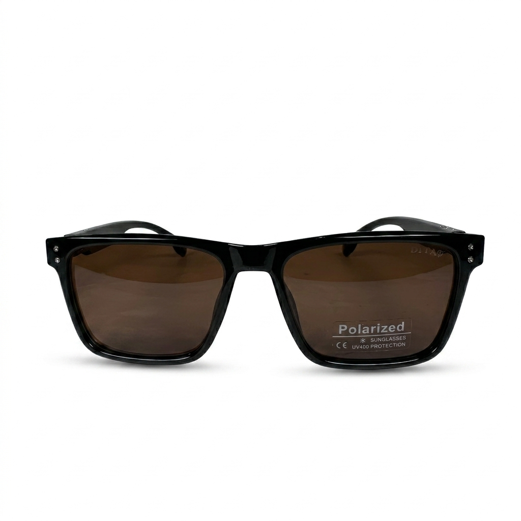 Image of DITA-Style Glossy Black Square Sunglasses | Polarized Brown Lenses & Double Rivet Detail | UV400 Protection